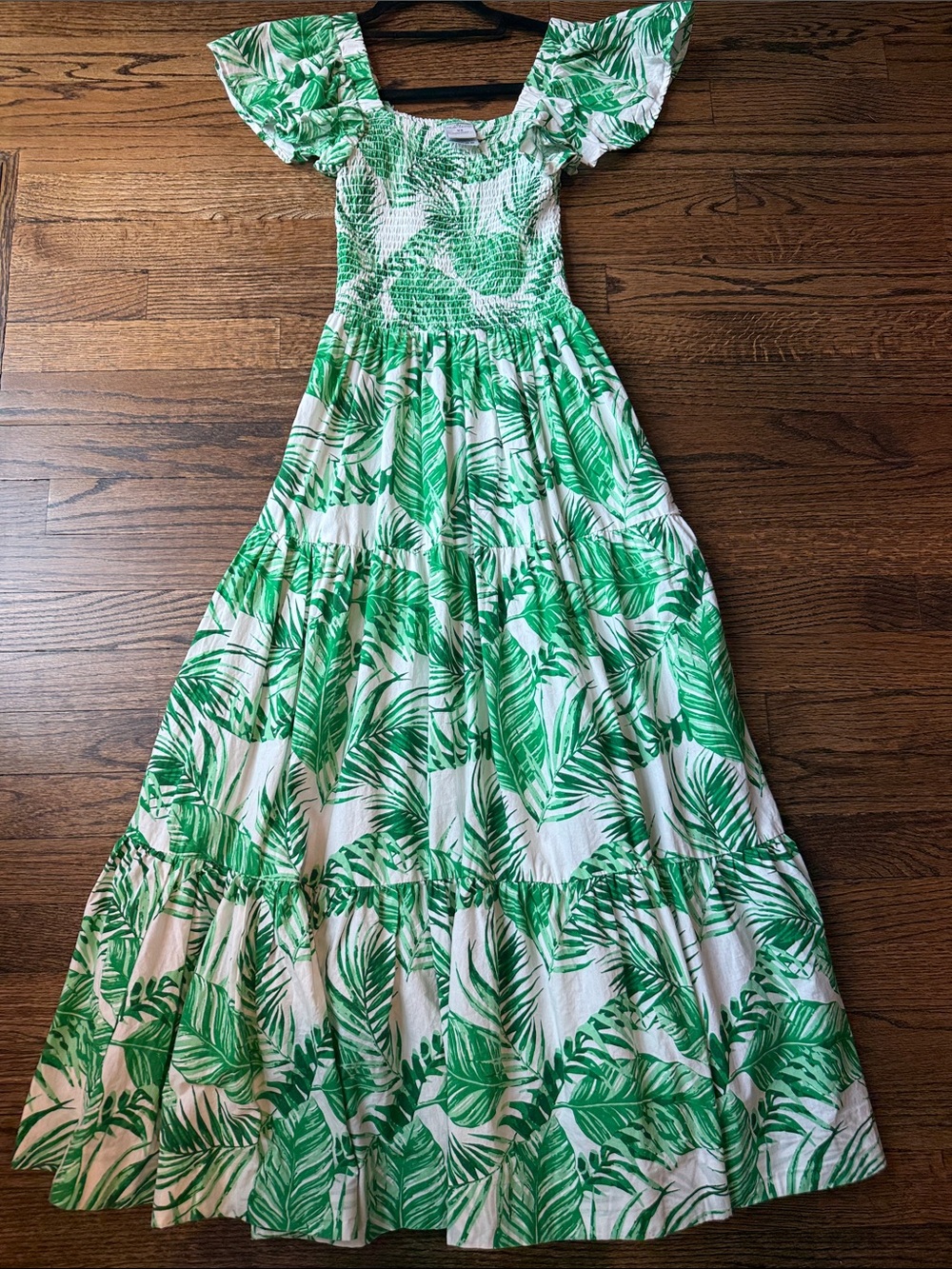 Green Palm-Print Maxi Dress - Smocked Bodice
